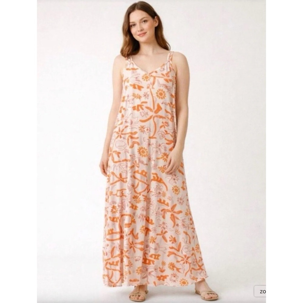 Label of Love Orange Pink Tropical Shell Maxi Dress Vacation Size Large